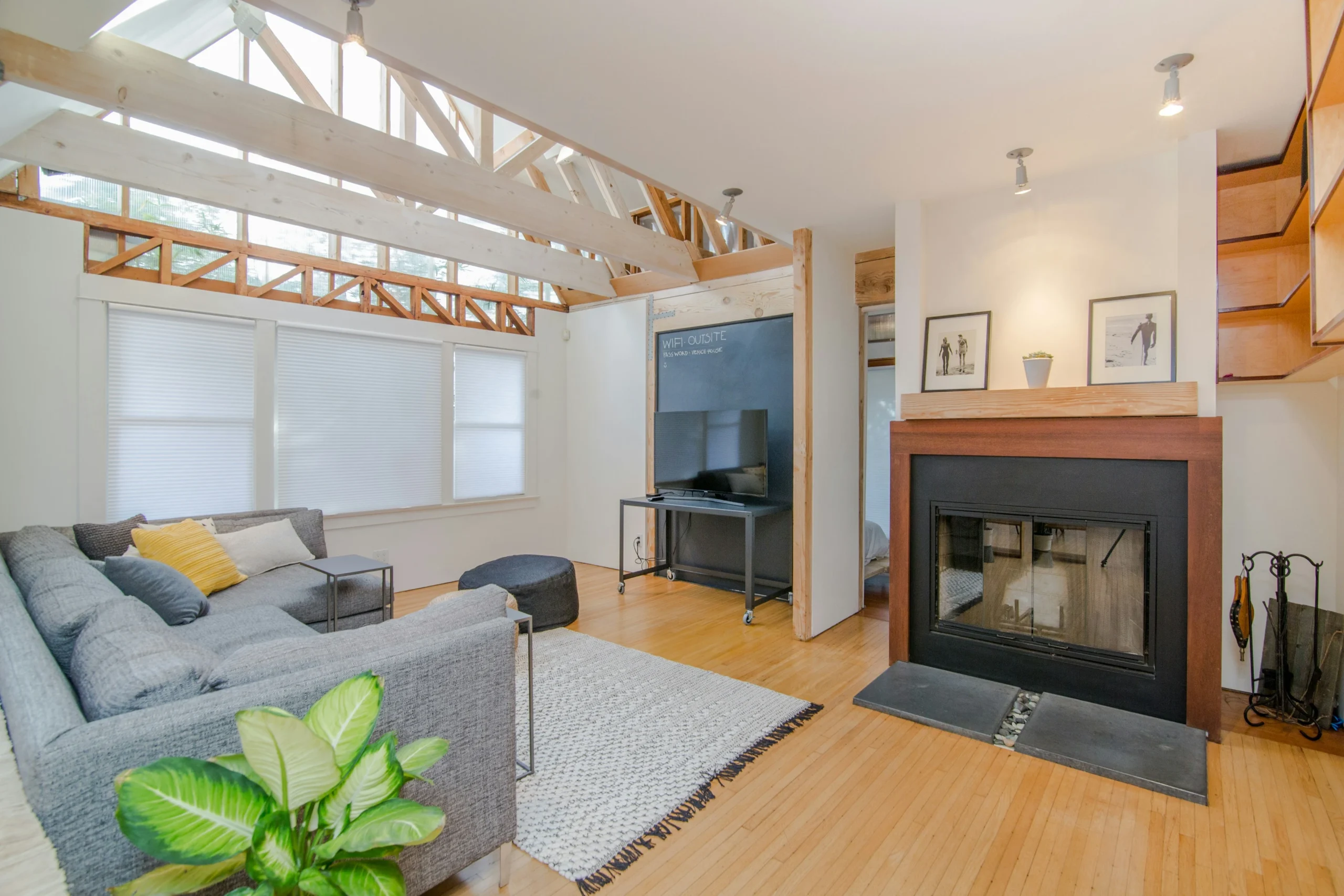 Modern living room with smart TV and connected home devices